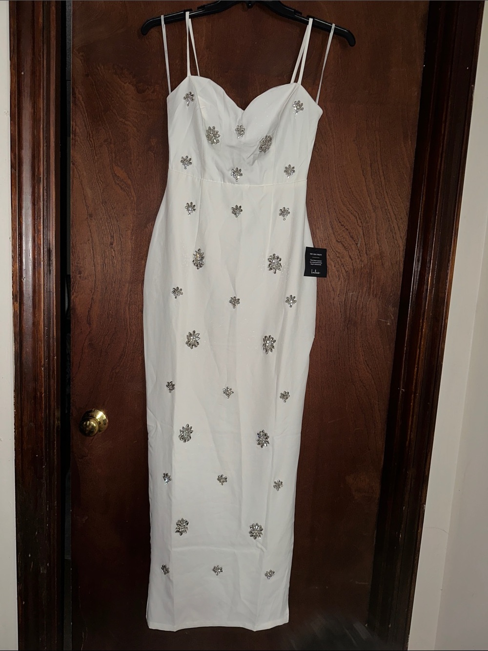Lulu's White Embellished Spaghetti Strap Maxi Dress M p2p 18 / Waist 13 Long 54